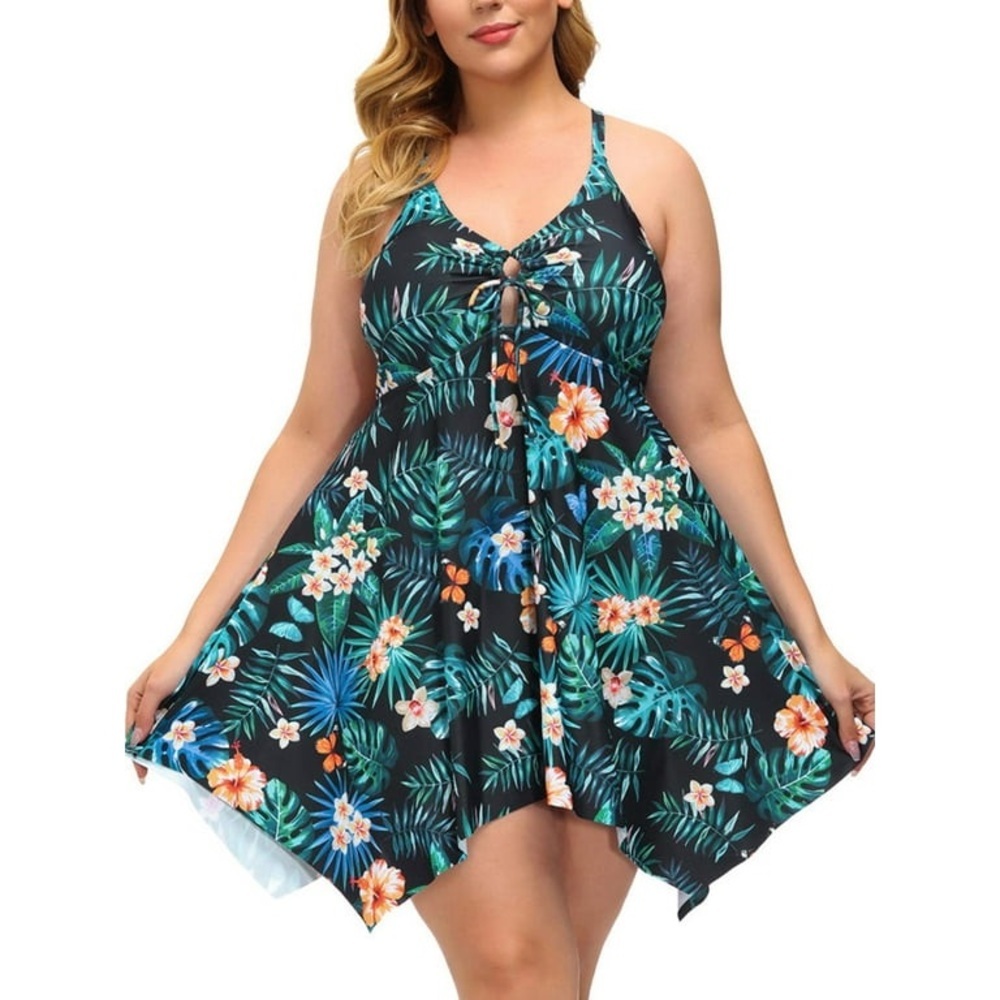 pluss size Flowy Swimdress with boys shorts Tummy Control 2-Piece